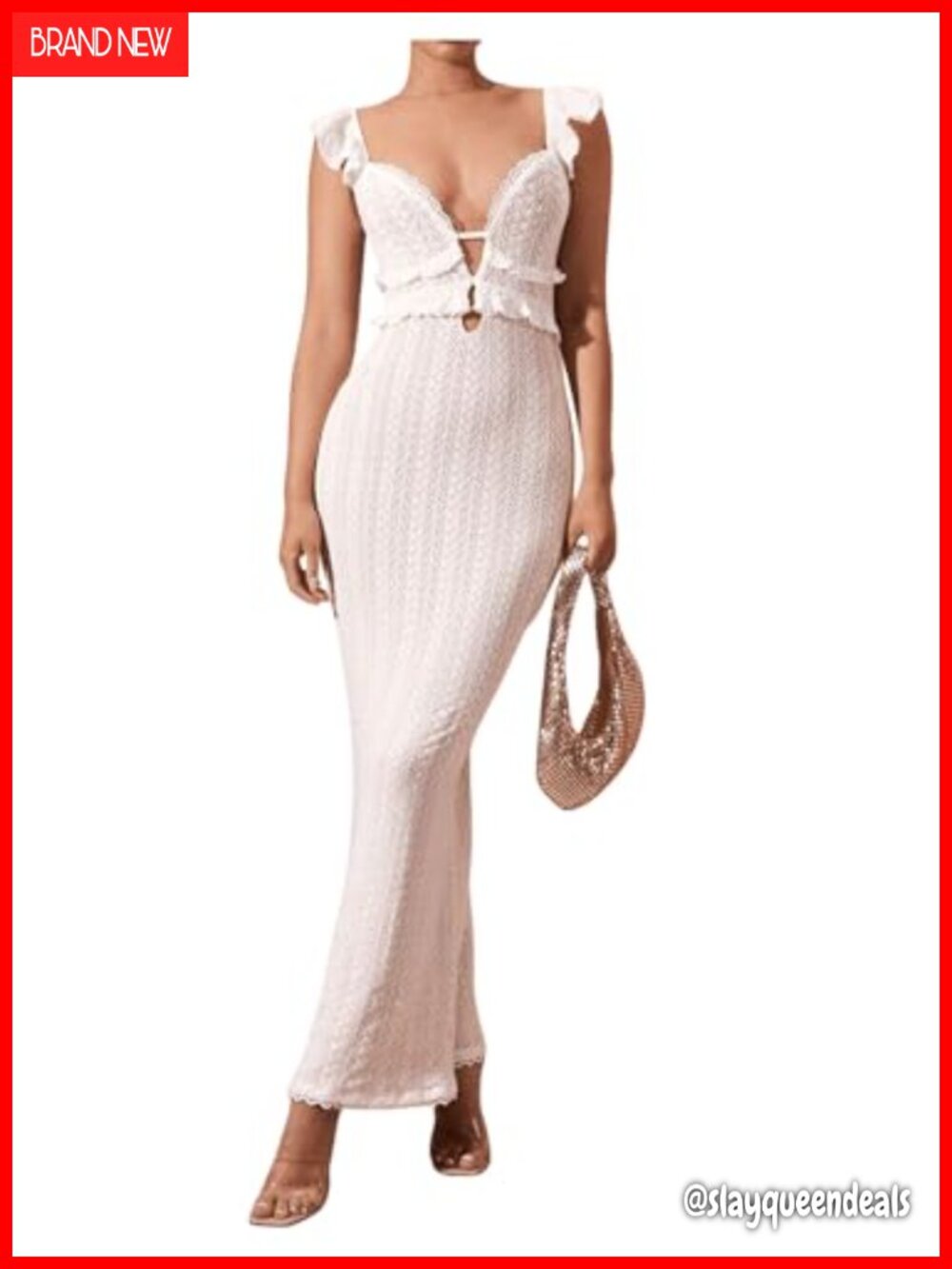 SOLY HUX Crochet Ruffle Sleeveless Backless Bodycon Maxi Dress